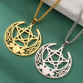 Triple Moon Goddess Necklace Cresent Moon Pentagram Pentacle
